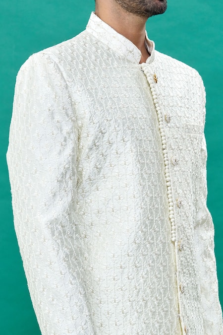 Buy Rng Safawala Off White Silk Sequins Floral Pattern Sherwani Set Online at Aza Fashions Buy_Rng Safawala_Off White Silk Sequins Floral Pattern Sherwani Set _Online_at_Aza_Fashions