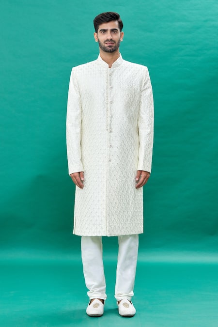 Shop Rng Safawala Off White Silk Sequins Floral Pattern Sherwani Set Online at Aza Fashions Shop_Rng Safawala_Off White Silk Sequins Floral Pattern Sherwani Set _Online_at_Aza_Fashions