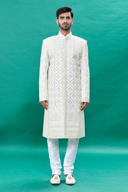 Rng Safawala_Off White Silk Sequins, Stones, Embroidery Resham Sherwani Set _Online_at_Aza_Fashions
