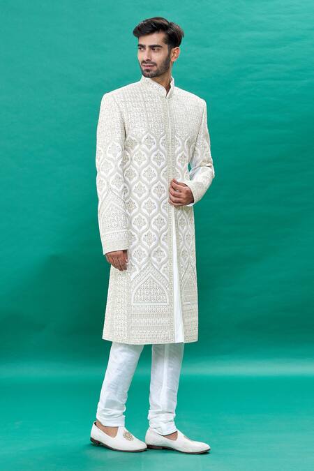 Buy_Rng Safawala_Off White Silk Sequins, Stones, Embroidery Resham Sherwani Set _Online_at_Aza_Fashions