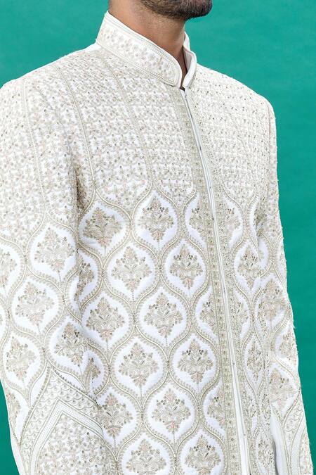 Shop_Rng Safawala_Off White Silk Sequins, Stones, Embroidery Resham Sherwani Set _Online_at_Aza_Fashions