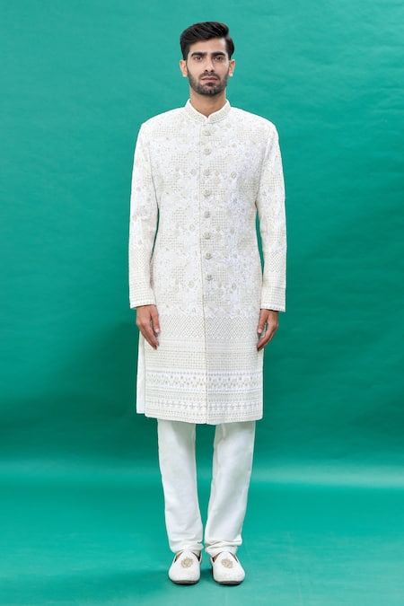 Rng Safawala_Off White Silk Sequins, Cut Work Raw Embroidered Sherwani Set _Online_at_Aza_Fashions