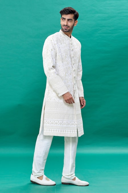 Buy_Rng Safawala_Off White Silk Sequins, Cut Work Raw Embroidered Sherwani Set _Online_at_Aza_Fashions