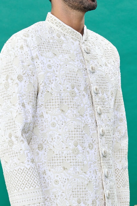 Shop_Rng Safawala_Off White Silk Sequins, Cut Work Raw Embroidered Sherwani Set _Online_at_Aza_Fashions