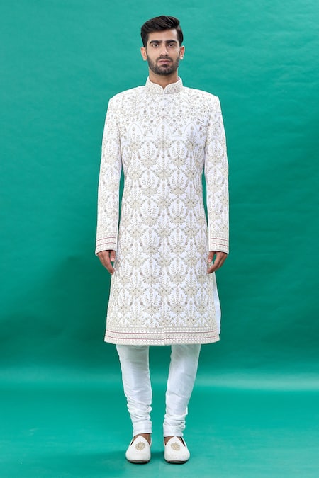 Rng Safawala_Off White Silk Embroidery Sequin Sherwani Set _Online_at_Aza_Fashions