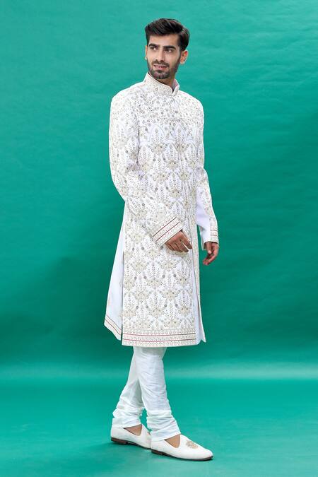 Buy_Rng Safawala_Off White Silk Embroidery Sequin Sherwani Set _Online_at_Aza_Fashions