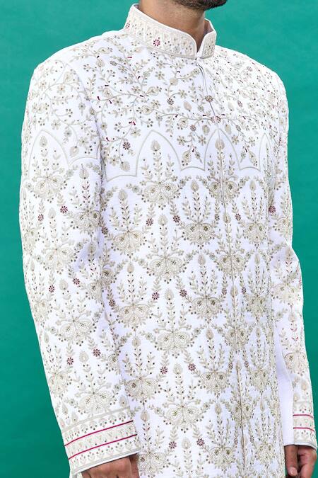 Shop_Rng Safawala_Off White Silk Embroidery Sequin Sherwani Set _Online_at_Aza_Fashions