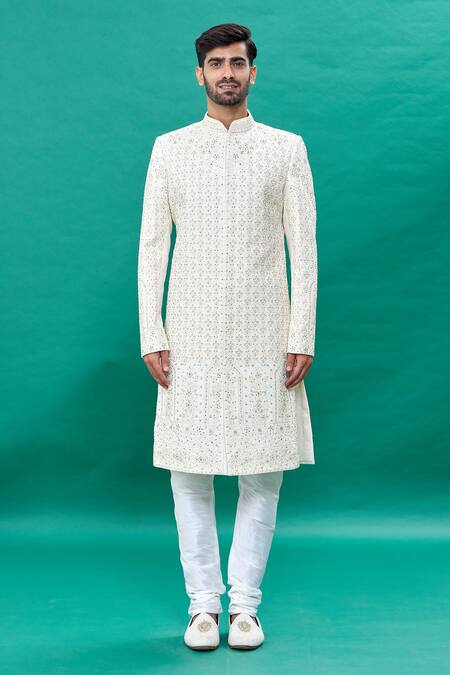 Rng Safawala_Off White Silk Sequins, Embroidery Thread Sherwani Set _Online_at_Aza_Fashions