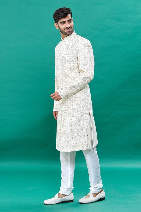 Buy_Rng Safawala_Off White Silk Sequins, Embroidery Thread Sherwani Set _Online_at_Aza_Fashions