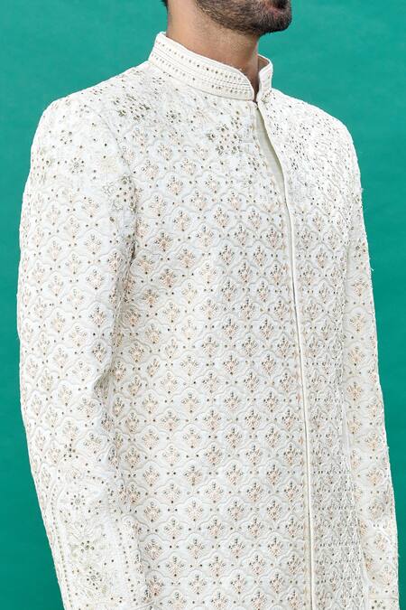 Shop_Rng Safawala_Off White Silk Sequins, Embroidery Thread Sherwani Set _Online_at_Aza_Fashions