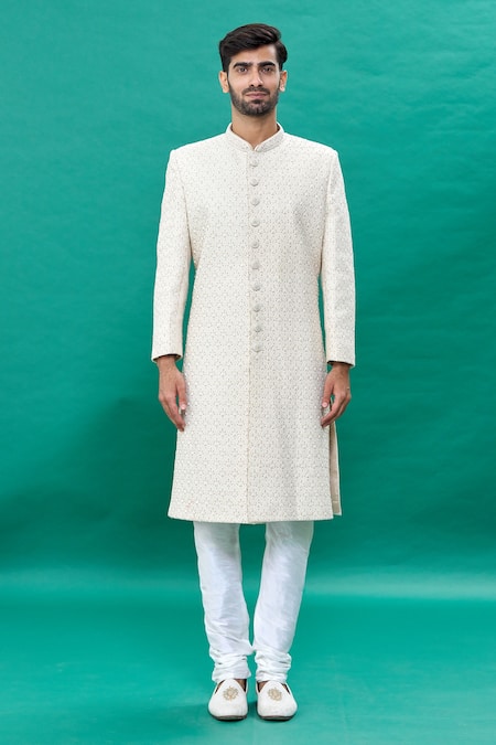 Rng Safawala Off White Silk, Cotton Embroidery Raw Mandarin Collar Sherwani Set Online at Aza Fashions Rng Safawala_Off White Silk, Cotton Embroidery Raw Mandarin Collar Sherwani Set _Online_at_Aza_Fashions