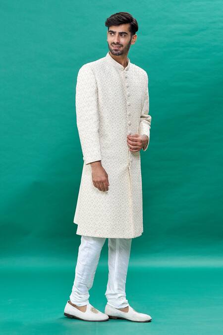 Buy Rng Safawala Off White Silk, Cotton Embroidery Raw Mandarin Collar Sherwani Set Online at Aza Fashions Buy_Rng Safawala_Off White Silk, Cotton Embroidery Raw Mandarin Collar Sherwani Set _Online_at_Aza_Fashions