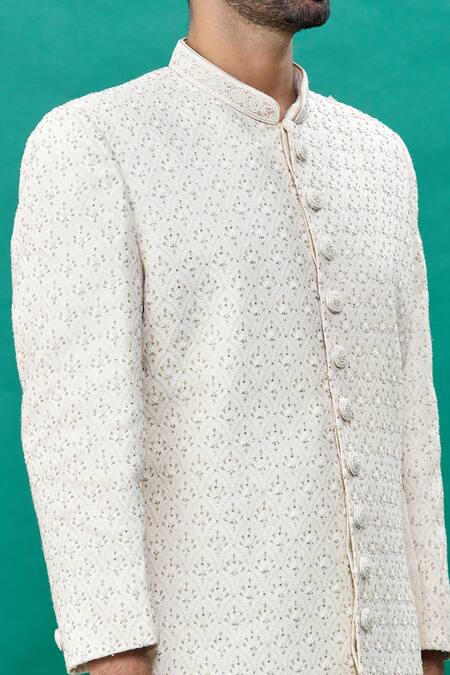 Shop Rng Safawala Off White Silk, Cotton Embroidery Raw Mandarin Collar Sherwani Set Online at Aza Fashions Shop_Rng Safawala_Off White Silk, Cotton Embroidery Raw Mandarin Collar Sherwani Set _Online_at_Aza_Fashions
