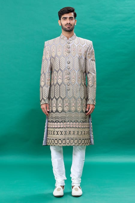 Rng Safawala Grey Velvet, Silk Sequins, Stones Ombre Embroidered Sherwani Set Online at Aza Fashions Rng Safawala_Grey Velvet, Silk Sequins, Stones Ombre Embroidered Sherwani Set _Online_at_Aza_Fashions