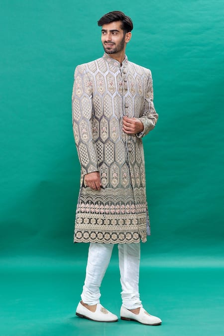 Buy Rng Safawala Grey Velvet, Silk Sequins, Stones Ombre Embroidered Sherwani Set Online at Aza Fashions Buy_Rng Safawala_Grey Velvet, Silk Sequins, Stones Ombre Embroidered Sherwani Set _Online_at_Aza_Fashions