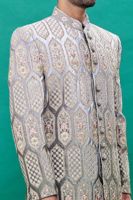 Shop Rng Safawala Grey Velvet, Silk Sequins, Stones Ombre Embroidered Sherwani Set Online at Aza Fashions Shop_Rng Safawala_Grey Velvet, Silk Sequins, Stones Ombre Embroidered Sherwani Set _Online_at_Aza_Fashions