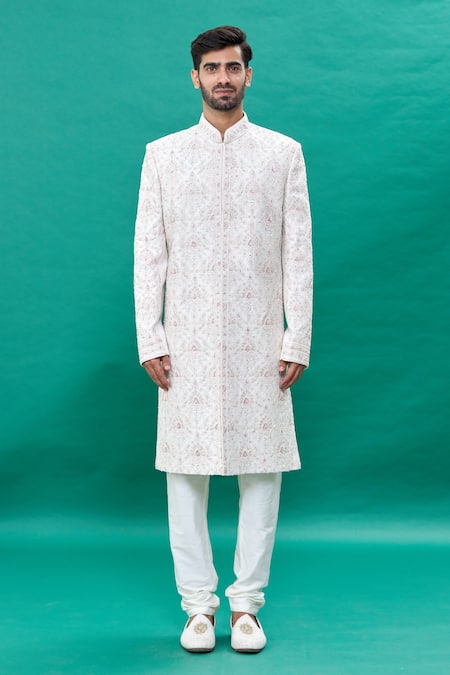 Rng Safawala_Off White Silk Cut Work, Sequins, Stones Embroidered Sherwani Set _Online_at_Aza_Fashions