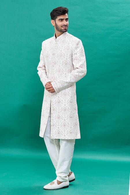 Buy_Rng Safawala_Off White Silk Cut Work, Sequins, Stones Embroidered Sherwani Set _Online_at_Aza_Fashions