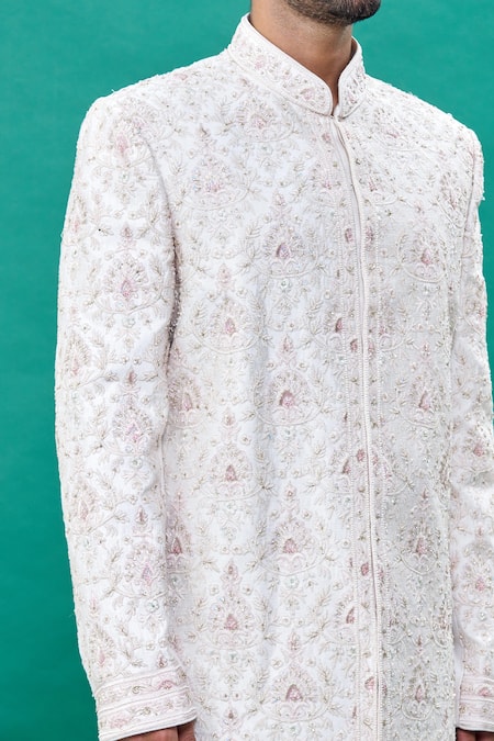 Shop_Rng Safawala_Off White Silk Cut Work, Sequins, Stones Embroidered Sherwani Set _Online_at_Aza_Fashions