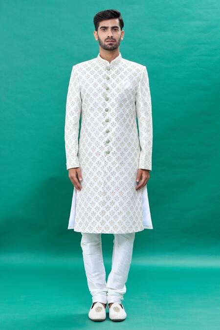 Rng Safawala Off White Silk Embroidery Tropical Sherwani Set Online at Aza Fashions Rng Safawala_Off White Silk Embroidery Tropical Sherwani Set _Online_at_Aza_Fashions