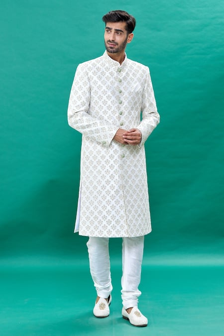 Buy Rng Safawala Off White Silk Embroidery Tropical Sherwani Set Online at Aza Fashions Buy_Rng Safawala_Off White Silk Embroidery Tropical Sherwani Set _Online_at_Aza_Fashions