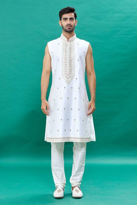 Rng Safawala_Off White Silk Embroidery Jacket Sherwani Set_Online_at_Aza_Fashions