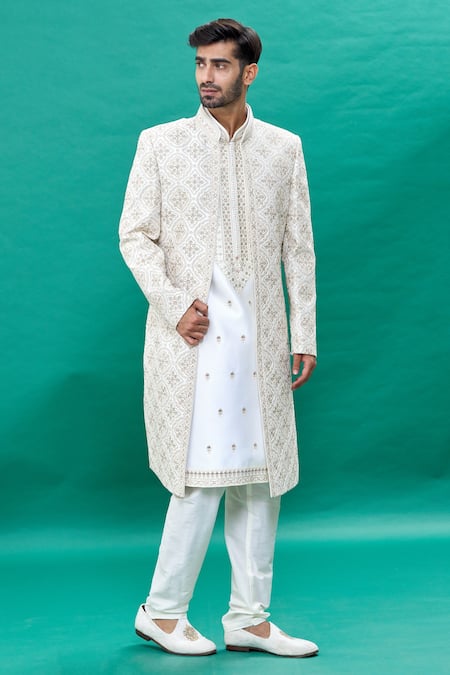 Buy_Rng Safawala_Off White Silk Embroidery Jacket Sherwani Set_Online_at_Aza_Fashions