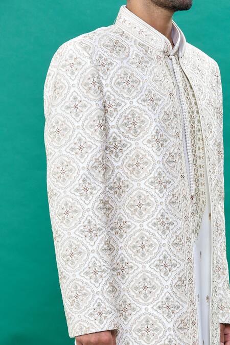 Shop_Rng Safawala_Off White Silk Embroidery Jacket Sherwani Set_Online_at_Aza_Fashions