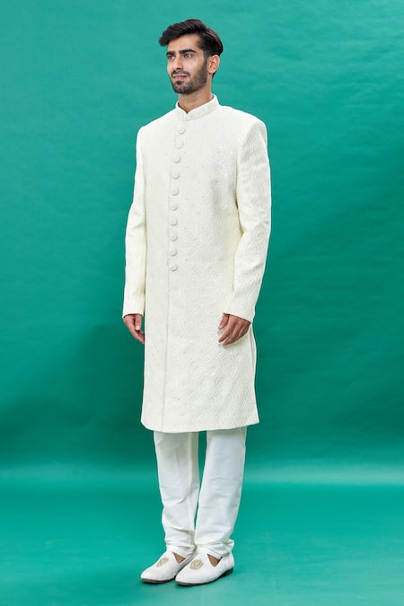 Rng Safawala_Off White Silk Pearls, Sequins Thread Embroidered Sherwani Set For Kids_Online_at_Aza_Fashions