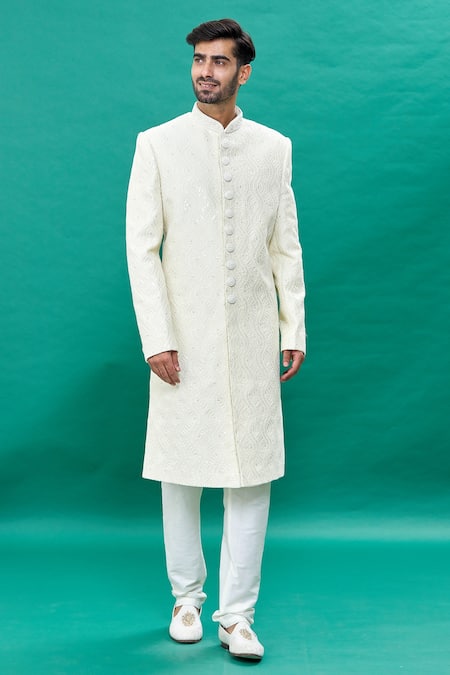 Buy_Rng Safawala_Off White Silk Pearls, Sequins Thread Embroidered Sherwani Set For Kids_Online_at_Aza_Fashions
