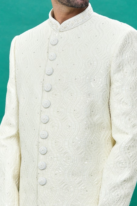 Shop_Rng Safawala_Off White Silk Pearls, Sequins Thread Embroidered Sherwani Set For Kids_Online_at_Aza_Fashions