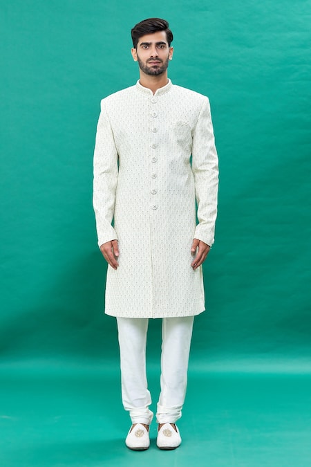 Rng Safawala_Off White Silk Embroidery, Sequins, Stones Thread And Sherwani Set For Kids_Online_at_Aza_Fashions