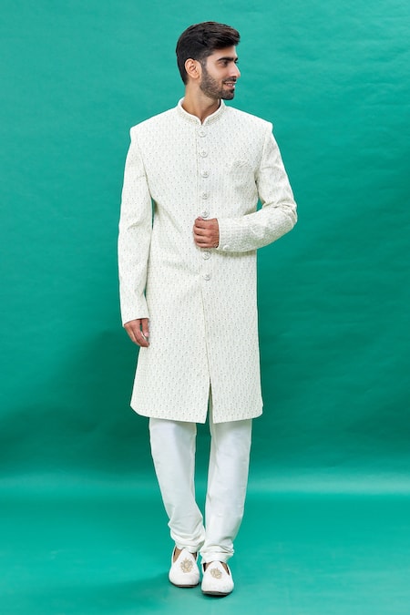 Buy_Rng Safawala_Off White Silk Embroidery, Sequins, Stones Thread And Sherwani Set For Kids_Online_at_Aza_Fashions
