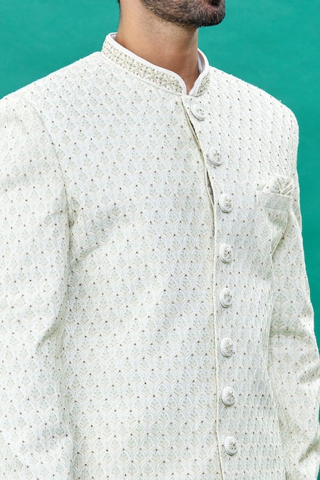 Shop_Rng Safawala_Off White Silk Embroidery, Sequins, Stones Thread And Sherwani Set For Kids_Online_at_Aza_Fashions