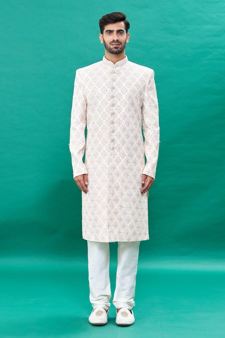 Buy_Rng Safawala_Pink Silk, Cotton Embroidery Sherwani Set _Online_at_Aza_Fashions