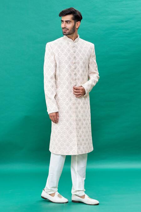 Shop_Rng Safawala_Pink Silk, Cotton Embroidery Sherwani Set _Online_at_Aza_Fashions