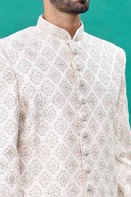 Rng Safawala_Pink Silk, Cotton Embroidery Sherwani Set _at_Aza_Fashions