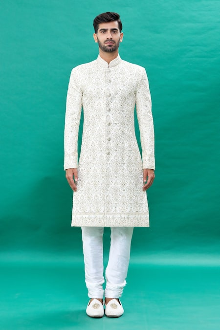 Rng Safawala_Off White Silk Embroidery, Sequins Detail Sherwani Set For Kids_Online_at_Aza_Fashions