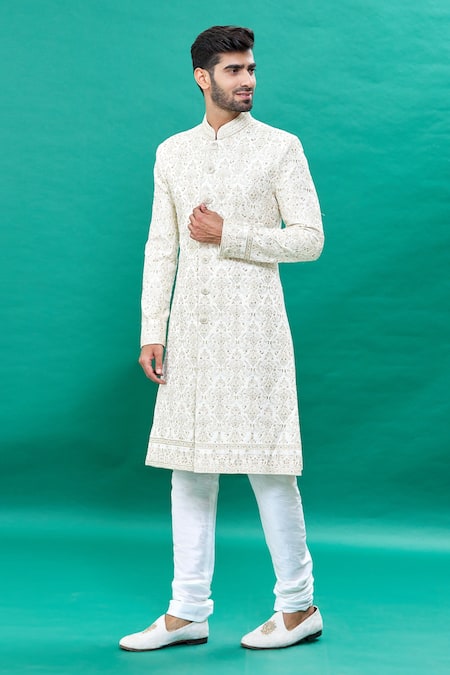 Buy_Rng Safawala_Off White Silk Embroidery, Sequins Detail Sherwani Set For Kids_Online_at_Aza_Fashions