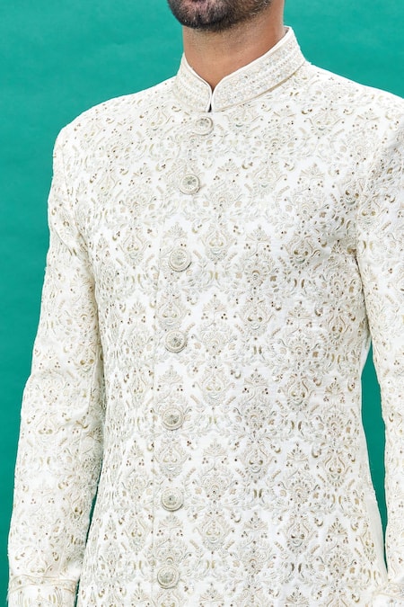 Shop_Rng Safawala_Off White Silk Embroidery, Sequins Detail Sherwani Set For Kids_Online_at_Aza_Fashions