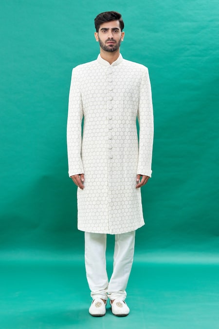 Rng Safawala_Off White Silk Pearls, Sequins, Embroidery Sherwani Set For Kids_Online_at_Aza_Fashions