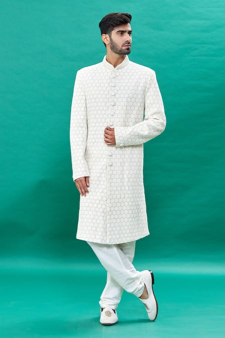 Buy_Rng Safawala_Off White Silk Pearls, Sequins, Embroidery Sherwani Set For Kids_Online_at_Aza_Fashions