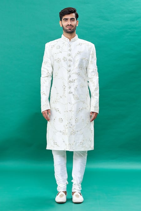 Buy_Rng Safawala_Off White Silk Cut Work Floral Pattern Sherwani Set _Online_at_Aza_Fashions