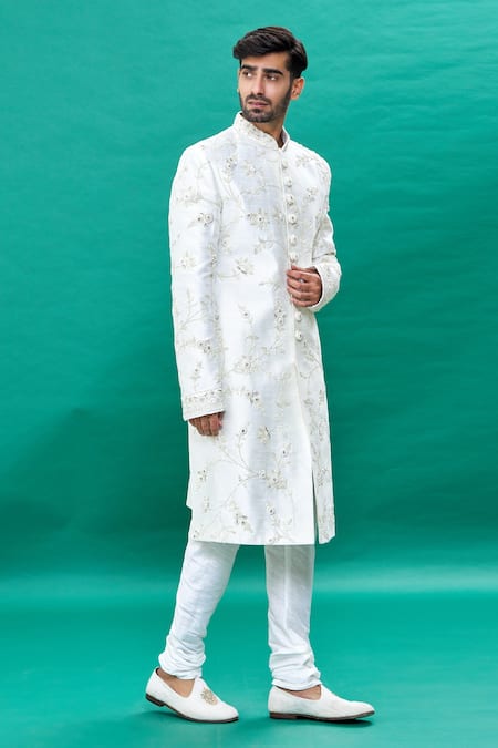 Shop_Rng Safawala_Off White Silk Cut Work Floral Pattern Sherwani Set _Online_at_Aza_Fashions