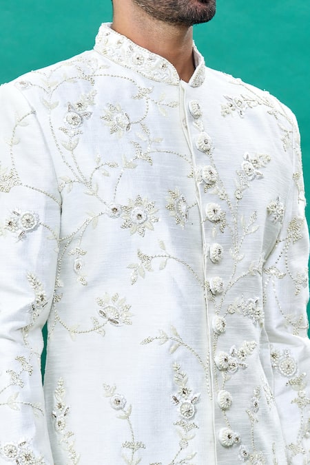 Rng Safawala_Off White Silk Cut Work Floral Pattern Sherwani Set _at_Aza_Fashions