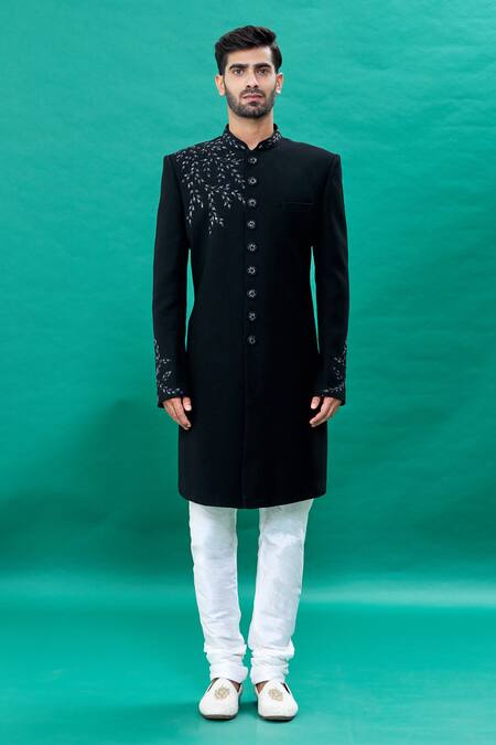 Buy_Rng Safawala_Black Terrycloth, Silk Cut Work Cutdana Embroidered Achkan Set _Online_at_Aza_Fashions