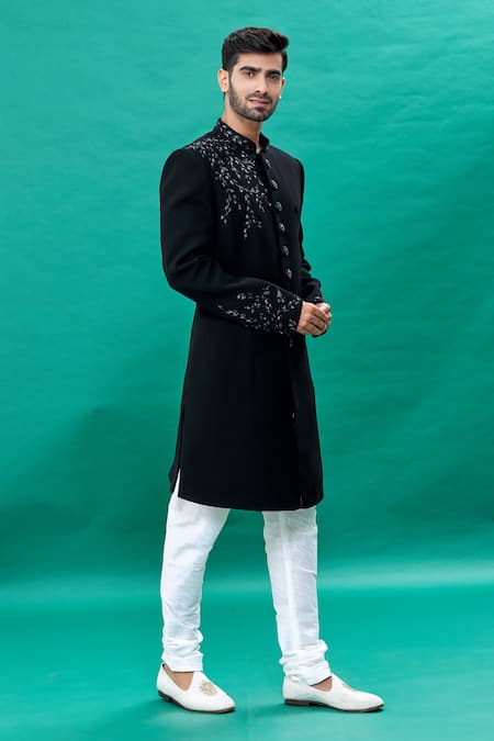 Shop_Rng Safawala_Black Terrycloth, Silk Cut Work Cutdana Embroidered Achkan Set _Online_at_Aza_Fashions