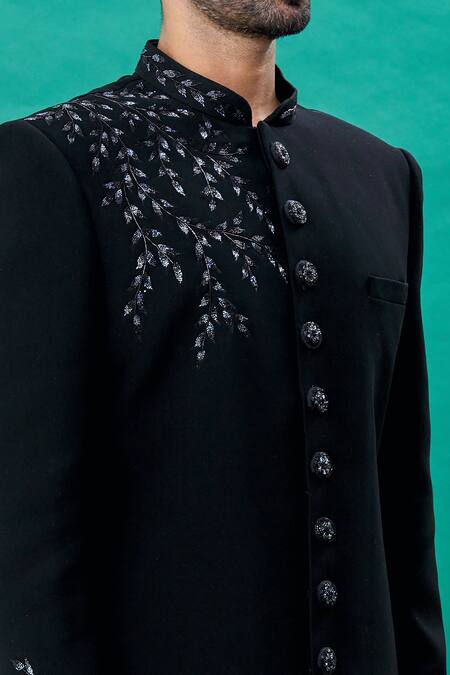 Rng Safawala_Black Terrycloth, Silk Cut Work Cutdana Embroidered Achkan Set _at_Aza_Fashions