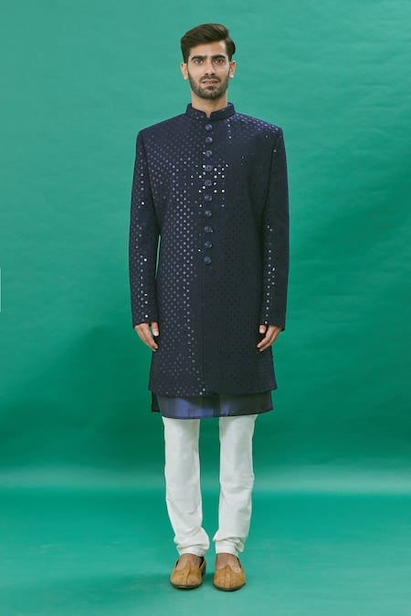 Buy_Rng Safawala_Blue Silk Sequins Embroidered Achkan Set_Online_at_Aza_Fashions