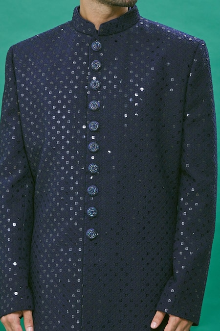 Shop_Rng Safawala_Blue Silk Sequins Embroidered Achkan Set_Online_at_Aza_Fashions